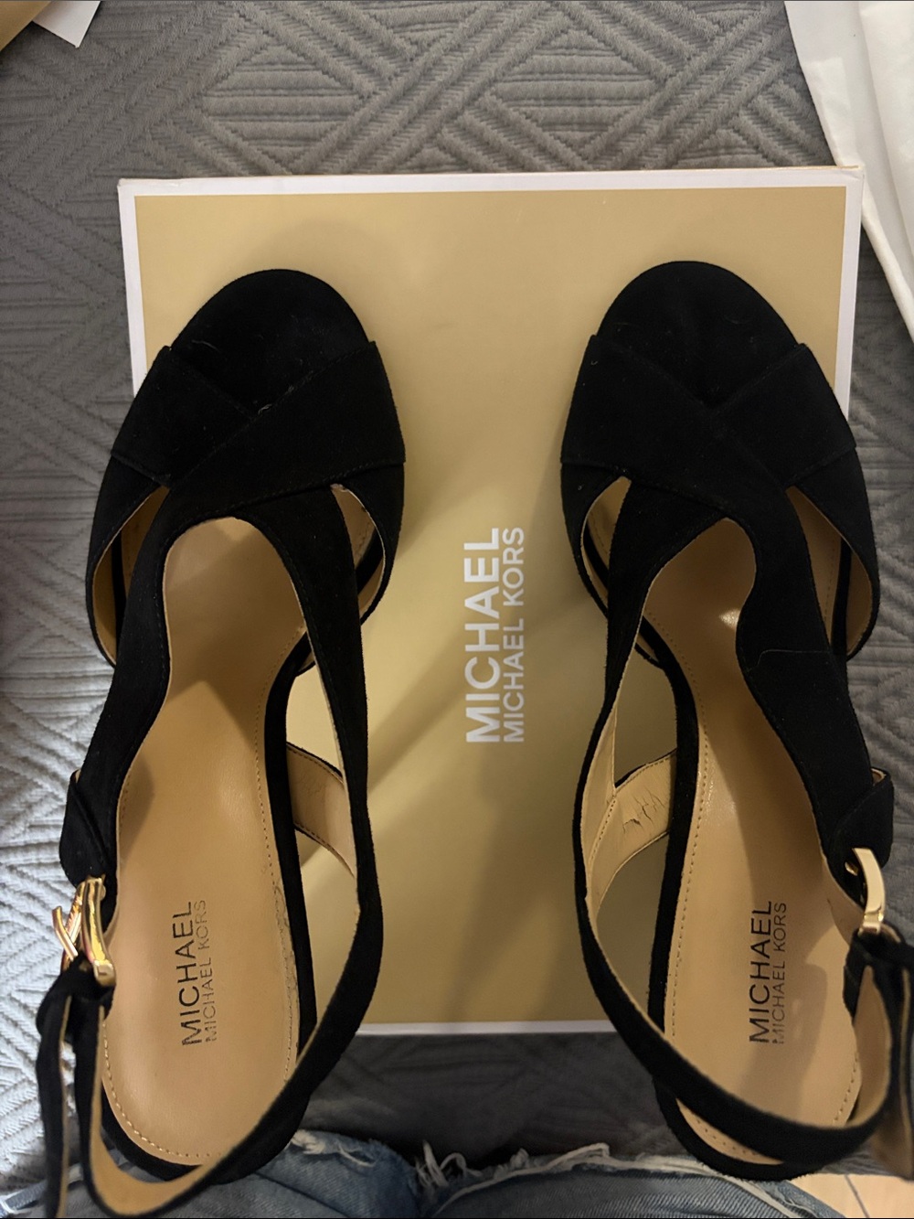 MICHAEL Michael Kors Black Suede Crisscross Slingback Heels with Gold Buckle